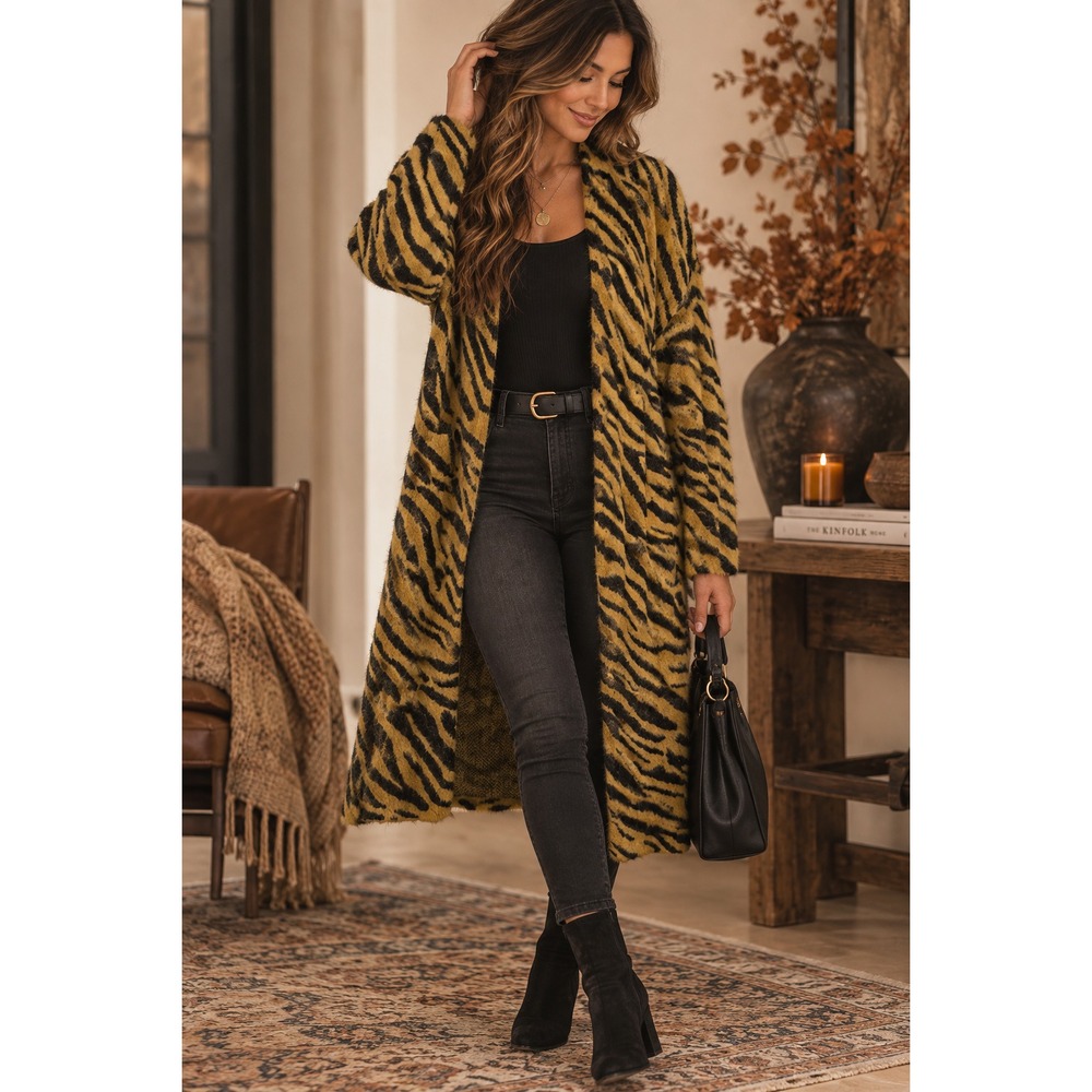 She + Sky Wmns Oversized Animal Print Chunky Cozy Knit Open Cardigan One Size